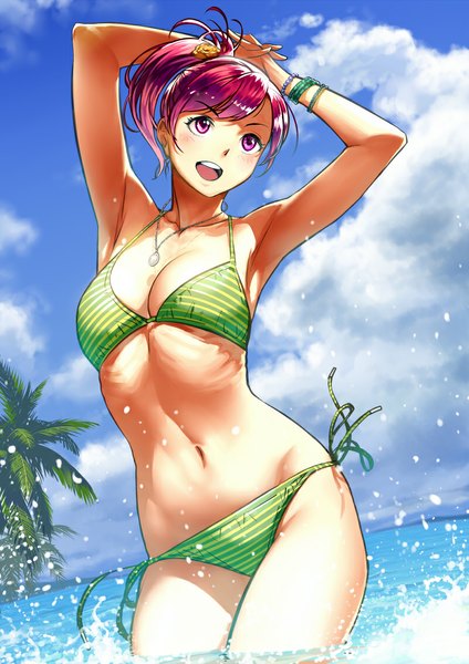 Anime picture 800x1131 with original twinpoo single tall image blush short hair open mouth light erotic bare shoulders looking away pink hair sky cloud (clouds) ponytail pink eyes bare belly hands on head girl navel swimsuit