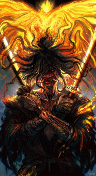Anime-Bild 2249x4096 mit sekiro: shadows die twice from software sekiro anniechromes single tall image looking at viewer highres short hair black hair holding upper body crossed arms dual wielding bandage over one eye boy weapon sword katana mask