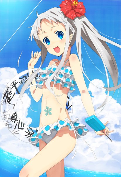 Anime picture 888x1288 with ano hi mita hana no namae wo bokutachi wa mada shiranai a-1 pictures honma meiko metallican single long hair tall image looking at viewer blush fringe breasts open mouth blue eyes standing sky silver hair cloud (clouds) hair flower bare belly side ponytail