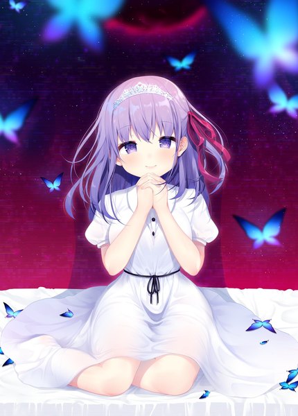 Anime picture 1104x1542 with fate (series) fate/stay night matou sakura shiika yuno single long hair tall image looking at viewer breasts smile sitting purple eyes purple hair short sleeves puffy sleeves one side up hands clasped yokozuwari interlocked fingers girl