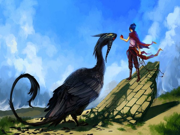 Anime picture 1024x768 with original unodu short hair red eyes blue hair sky cloud (clouds) boy feather (feathers) dragon apple rope