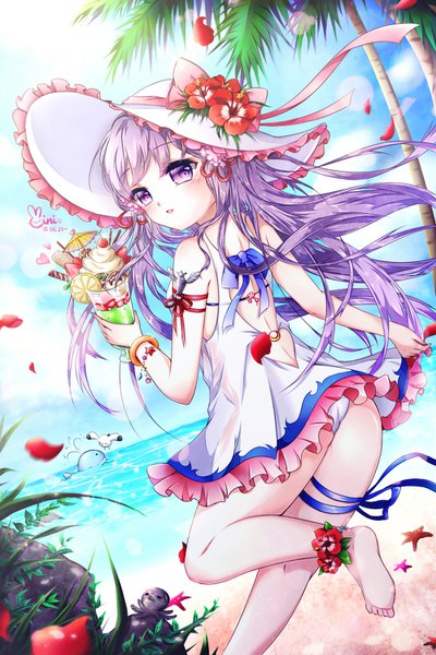 Anime picture 1000x1500 with sword girls crux knight pintail (sword girls) mini single long hair tall image looking at viewer blush fringe open mouth light erotic smile standing purple eyes bare shoulders holding signed payot sky purple hair