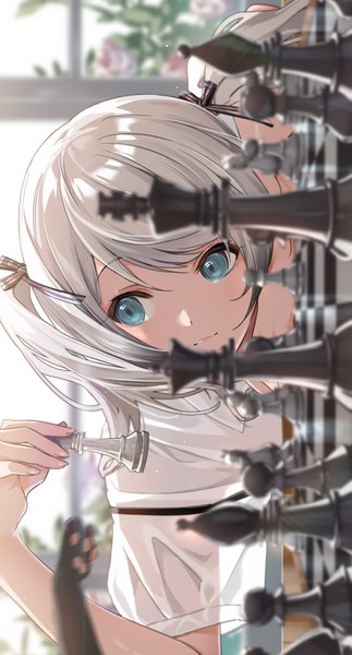 Anime picture 830x1543 with original zattape single long hair tall image fringe blue eyes smile twintails holding looking away white hair indoors blurry short sleeves depth of field sideways girl ribbon (ribbons) hair ribbon