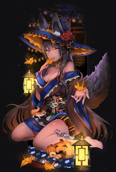 Anime picture 1353x2000 with original usagihime single tall image looking at viewer blush blue eyes light erotic black hair animal ears tail very long hair animal tail dark background halloween girl dress hat witch hat lamp