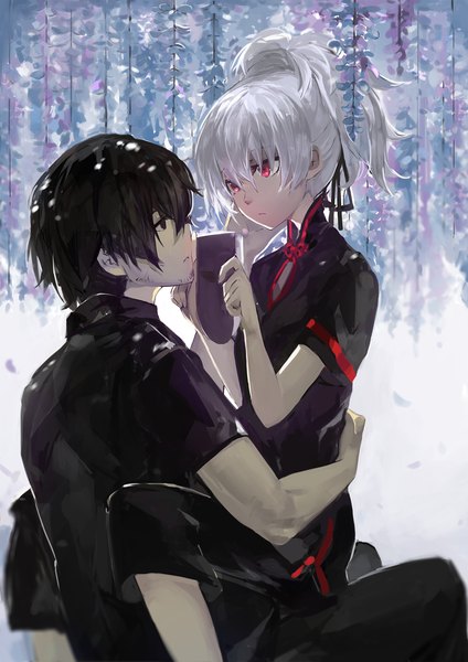 Anime picture 1240x1754 with darker than black studio bones yin (darker than black) hei (darker than black) saberiii long hair tall image short hair black hair red eyes sitting silver hair ponytail black eyes hug chinese clothes girl boy flower (flowers) mask