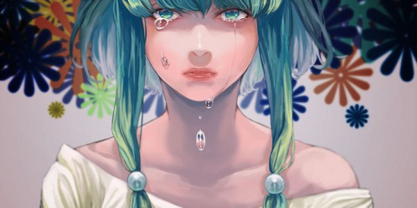 Anime picture 1986x994 with vocaloid crier (vocaloid) hatsune miku kyo 8sun single long hair looking at viewer fringe highres wide image bare shoulders green eyes green hair tears crying girl flower (flowers)