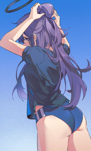 Anime picture 915x1518 with blue archive yuuka (blue archive) yuuka (gym uniform) (blue archive) hoshiko (419401x) single long hair tall image light erotic simple background standing purple eyes purple hair ass from behind official alternate costume adjusting hair blue background tying hair girl halo