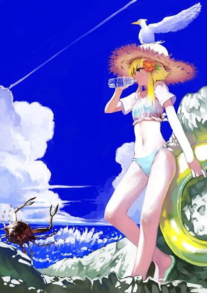 Anime picture 724x1024 with original pocari sweat benitama single tall image short hair blue eyes light erotic blonde hair payot sky cloud (clouds) bent knee (knees) hair flower sitting on person drinking girl navel flower (flowers) swimsuit