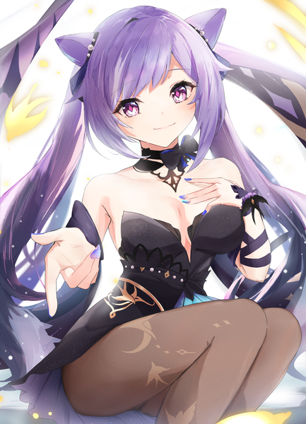Anime picture 1560x2160 with genshin impact keqing (genshin impact) keqing (opulent splendor) (genshin impact) elphe single long hair tall image looking at viewer fringe breasts light erotic simple background smile large breasts white background sitting purple eyes twintails bare shoulders payot