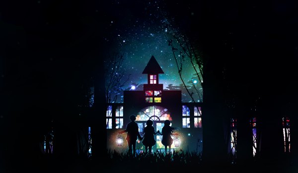 Anime picture 1200x699 with original harada miyuki long hair short hair wide image standing multiple girls night night sky holding hands light girl boy 2 girls plant (plants) tree (trees) building (buildings) grass lantern house