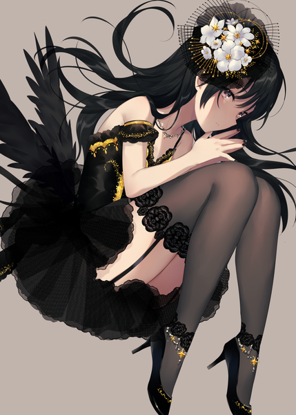 Anime picture 643x900 with original achiki single long hair tall image looking at viewer blush fringe light erotic black hair simple background hair between eyes bare shoulders full body nail polish grey eyes high heels zettai ryouiki black wings brown background