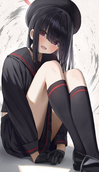 Anime picture 1814x3130 with blue archive justice committee club member (blue archive) hidulume single tall image looking at viewer blush fringe highres open mouth light erotic black hair simple background smile red eyes white background sitting bent knee (knees) :d hair over eyes