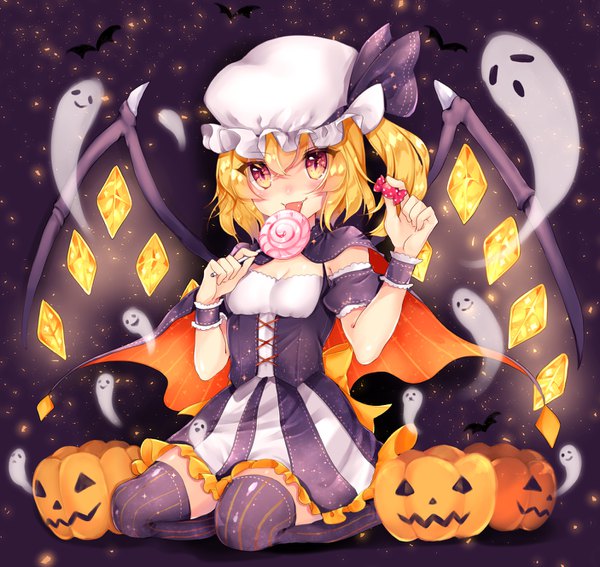 Anime picture 1405x1330 with touhou flandre scarlet miyasaka ori single looking at viewer short hair blonde hair smile red eyes sitting holding alternate costume one side up dark background striped halloween :p slit pupils ghost licking