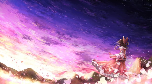 Anime picture 1802x1003 with touhou hakurei reimu risutaru single long hair highres brown hair wide image sky cloud (clouds) traditional clothes wind miko girl skirt bow hair bow detached sleeves petals star (stars)