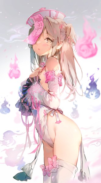 Anime picture 1460x2645 with original anmi single long hair tall image looking at viewer blush fringe open mouth light erotic brown hair standing brown eyes wide sleeves :o one side up covering eye (eyes) jiangshi girl thighhighs