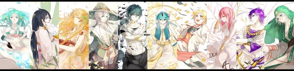 Anime picture 4276x1039 with magi the labyrinth of magic a-1 pictures morgiana judal aladdin (magi) ali baba saluja ja'far (magi) sinbad (magi) scheherazade (magi) yamuraiha ren hakuei yunan nine (liuyuhao1992) long hair highres short hair open mouth blue eyes black hair blonde hair