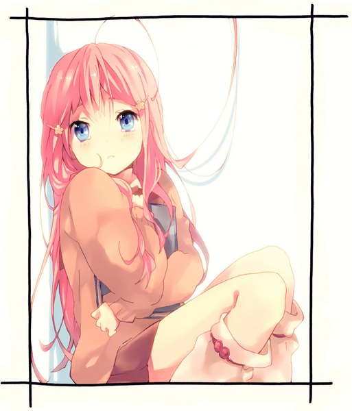 Anime picture 830x971 with original ousaka nozomi single long hair tall image fringe blue eyes sitting looking away pink hair bent knee (knees) girl hair ornament book (books) bobby pin