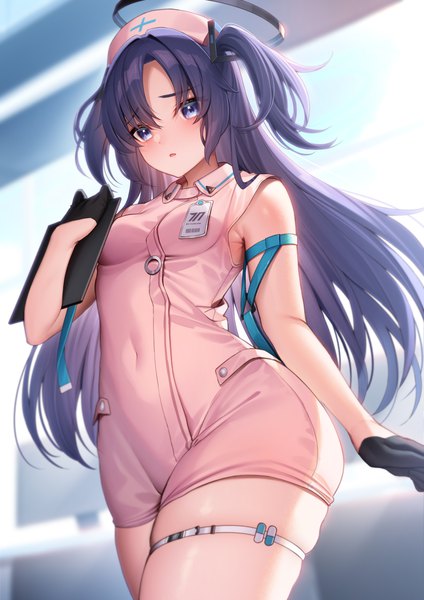 Anime picture 2894x4093 with blue archive yuuka (blue archive) nanafuton single long hair tall image looking at viewer blush fringe highres breasts open mouth light erotic hair between eyes standing purple eyes bare shoulders holding purple hair indoors