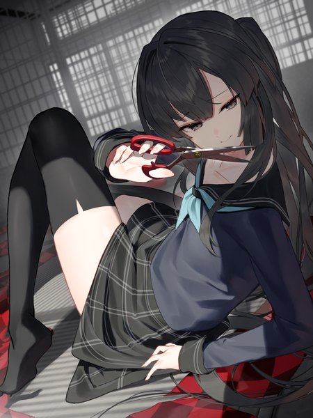 Anime picture 2440x3250 with original scottie (phantom2) single long hair tall image looking at viewer fringe highres black hair smile holding payot full body bent knee (knees) indoors long sleeves head tilt grey eyes no shoes zettai ryouiki