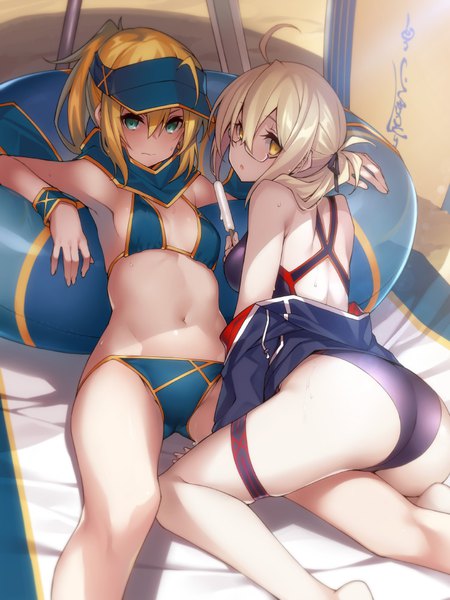 Anime picture 750x1000 with fate (series) fate/grand order artoria pendragon (all) mysterious heroine x (alter) (fate) mysterious heroine x (fate) kodama yuu long hair tall image looking at viewer fringe light erotic blonde hair hair between eyes multiple girls yellow eyes payot cleavage ahoge ass ponytail