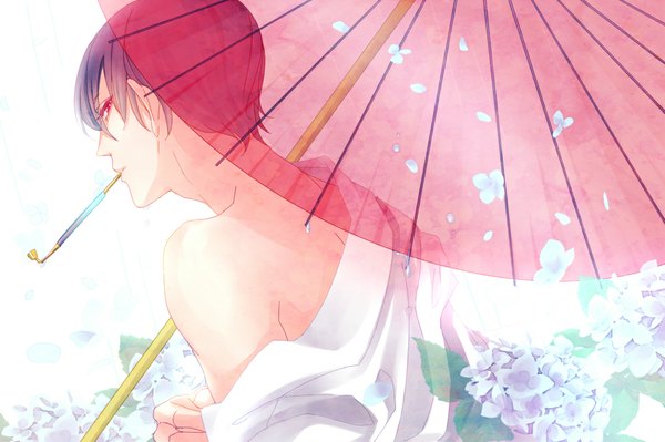 Anime picture 1000x666 with nico nico singer nico nico douga reno (nico nico singer) nini (nini0022) single looking at viewer short hair simple background red eyes white background purple hair profile nude from behind back undressing transparent umbrella boy flower (flowers) umbrella