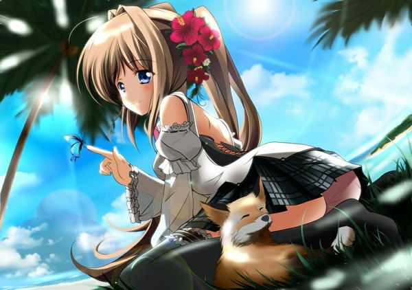 Anime picture 1024x721 with original suemizu yuzuki single long hair blue eyes brown hair sitting hair flower girl thighhighs dress hair ornament black thighhighs plant (plants) insect butterfly grass fox