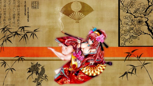 Anime picture 1920x1080 with vocaloid megurine luka maruyama ninpo974 single long hair highres breasts blue eyes light erotic wide image red hair traditional clothes barefoot smoke smoking girl hair ornament fan