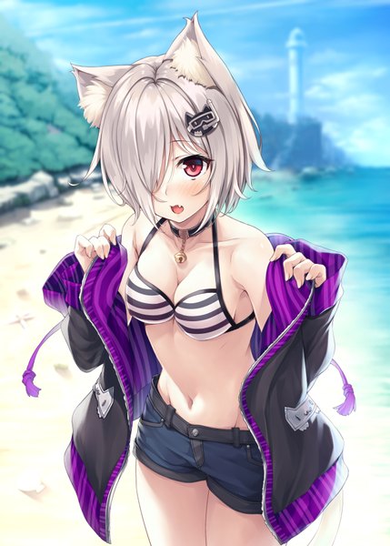 Anime picture 2591x3624 with original kuon (hasumi (hasubatake39)) hasumi (hasubatake39) single tall image looking at viewer blush fringe highres short hair breasts open mouth light erotic red eyes standing bare shoulders animal ears sky cleavage silver hair