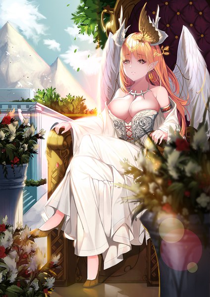 Anime picture 1000x1415 with original jjanda single long hair tall image breasts light erotic large breasts sitting bare shoulders looking away sky cleavage cloud (clouds) outdoors parted lips horn (horns) pointy ears blurry orange hair