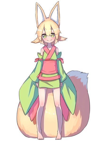 Anime picture 2894x4093 with original akatsuki urara fukutchi single tall image looking at viewer blush highres short hair simple background blonde hair standing white background green eyes animal ears full body tail traditional clothes japanese clothes animal tail