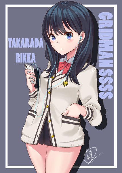 Anime picture 2480x3507 with gridman universe ssss.gridman studio trigger takarada rikka vdrn1dd2gxldt3g single long hair tall image looking at viewer blush fringe highres blue eyes black hair simple background hair between eyes standing signed shadow copyright name