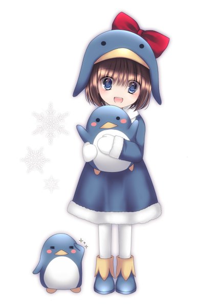 Anime picture 900x1400 with ekokuice ecoco pow (ameri) single tall image looking at viewer blush short hair open mouth blue eyes brown hair white background penguin girl girl animal bird (birds) snowflake (snowflakes) mittens penguin