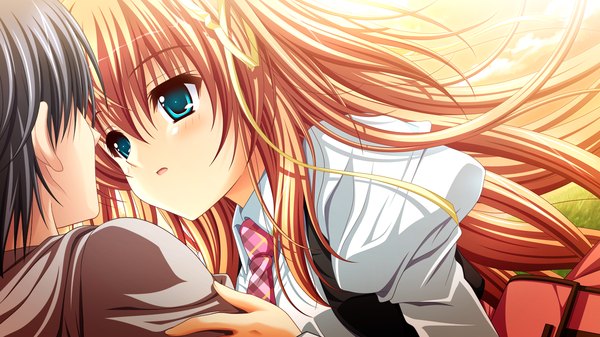 Anime picture 1280x720 with ren'ai kateikyoushi rurumi coordinate! (game) higashibetsuin rurumi suzui narumi long hair blue eyes wide image game cg orange hair girl boy serafuku