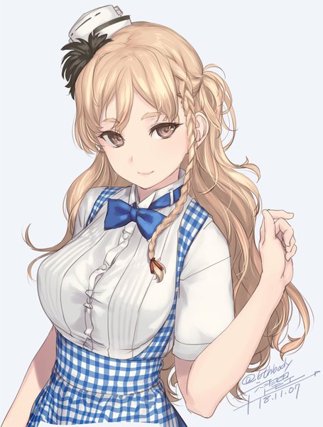 Anime picture 698x920 with kantai collection zara (kantai collection) rokuwata tomoe single long hair tall image simple background blonde hair smile brown eyes signed upper body braid (braids) twitter username dated blue background side braid girl uniform hat
