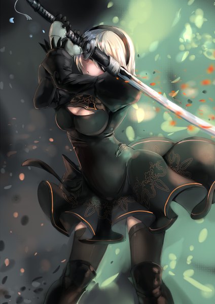 Anime picture 1771x2505 with nier nier:automata yorha no. 2 type b aikawa juujutsu machi single tall image highres short hair standing holding cleavage bent knee (knees) white hair long sleeves arms up zettai ryouiki puffy sleeves cleavage cutout covering eye (eyes) skirt flip