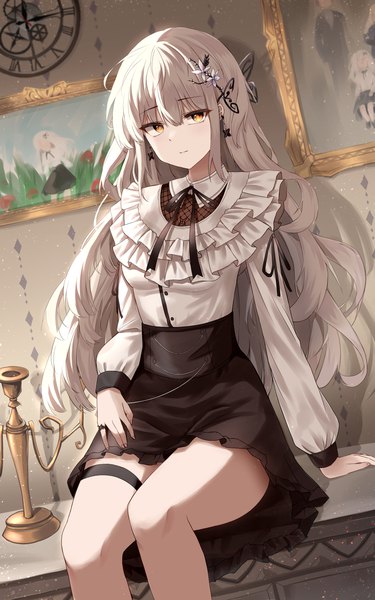 Anime picture 2000x3200 with original hamu (pixiv46045709) single long hair tall image looking at viewer fringe highres hair between eyes sitting yellow eyes silver hair bent knee (knees) indoors long sleeves arm support dutch angle double buttons girl skirt
