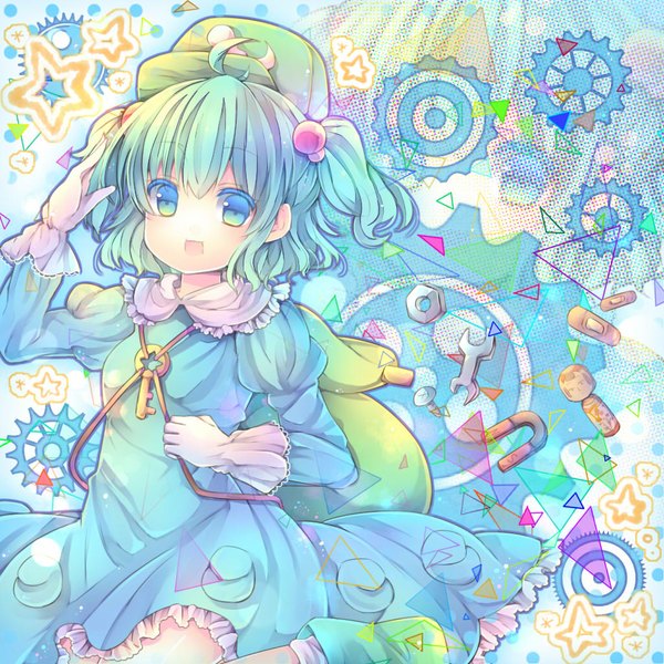 Anime picture 1024x1024 with touhou kawashiro nitori pjrmhm coa single looking at viewer blush short hair open mouth blue eyes ahoge aqua hair two side up salute girl gloves hair ornament hat white gloves star (symbol) hair tie