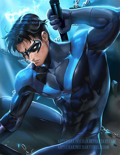 Anime picture 695x900 with batman dc comics nightwing dick grayson sakimichan single tall image looking at viewer short hair black hair sitting holding signed cloud (clouds) bent knee (knees) realistic watermark muscle boy chain