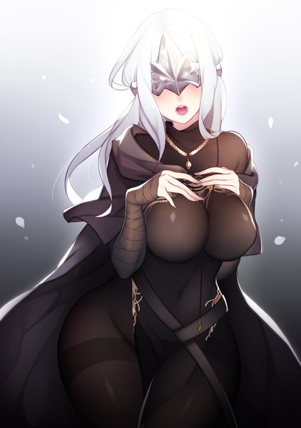 Anime picture 1800x2560 with dark souls (series) dark souls 3 from software fire keeper nanoless single long hair tall image blush highres breasts open mouth light erotic simple background large breasts standing silver hair off shoulder gradient background covered navel