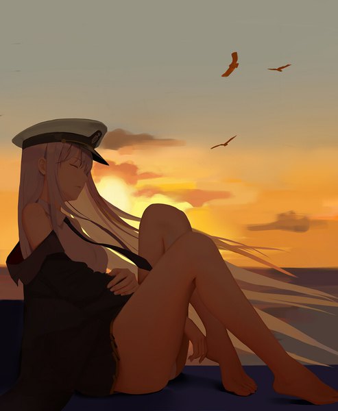 Anime picture 917x1115 with azur lane enterprise (azur lane) kamikakushi no ocarino single long hair tall image fringe light erotic sitting sky silver hair cloud (clouds) bent knee (knees) eyes closed profile barefoot wind sunlight off shoulder bare legs