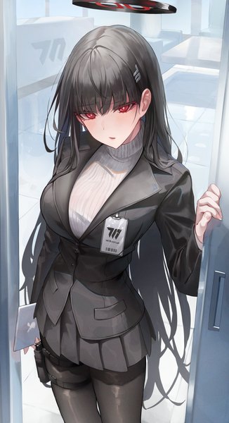 Anime picture 3291x6059 with blue archive rio (blue archive) kerno single long hair tall image blush fringe highres breasts open mouth black hair red eyes standing holding looking away absurdres blunt bangs long sleeves pleated skirt