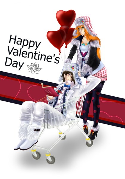 Anime picture 2480x3543 with original yaroslavapanina tall image highres blue eyes simple background brown hair standing white background sitting green eyes orange hair open clothes open jacket grey eyes high heels couple plaid skirt silver eyes valentine
