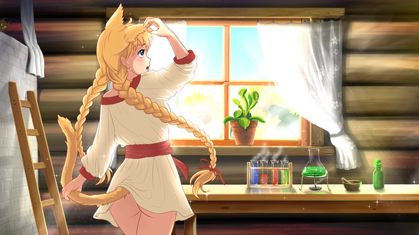 Anime picture 1920x1080 with the herbalist moonworks slavyana (the herbalist) orika nekoi single long hair blush highres open mouth blue eyes light erotic blonde hair wide image animal ears ass indoors tail braid (braids) animal tail from behind