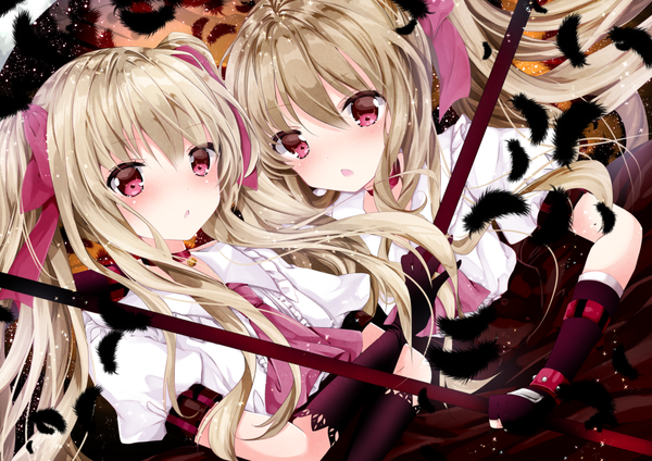 Anime picture 1000x707 with original nanase nao long hair looking at viewer blush fringe open mouth blonde hair hair between eyes red eyes brown hair twintails multiple girls holding very long hair pink eyes :o puffy sleeves bell collar twins