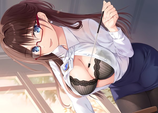 Anime picture 1428x1018 with boku no kanojo sensei fujiki maka oryou single long hair looking at viewer blush fringe breasts open mouth blue eyes light erotic smile hair between eyes brown hair large breasts standing holding cleavage indoors