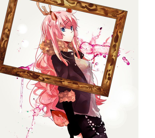 Anime picture 1120x1000 with vocaloid megurine luka hatsuko long hair blue eyes animal ears pink hair tail horn (horns) empty picture frame girl hair ornament jacket bobby pin picture frame