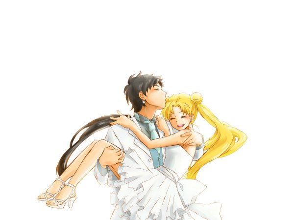 Anime picture 1280x960 with bishoujo senshi sailor moon toei animation tsukino usagi seiya kou long hair black hair blonde hair simple background smile white background twintails bare shoulders holding ponytail eyes closed profile couple sleeveless hug kiss