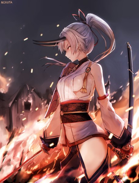 Anime picture 684x900 with fate (series) fate/grand order tomoe gozen (fate) nekoya (liu) single long hair tall image fringe breasts light erotic hair between eyes red eyes standing holding signed silver hair outdoors ponytail traditional clothes japanese clothes