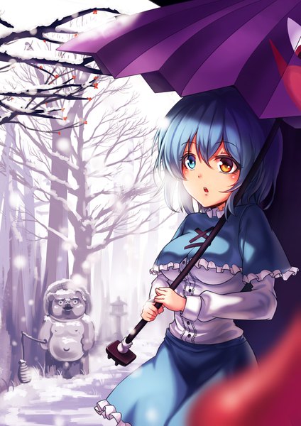 Anime picture 2480x3507 with touhou tatara kogasa koissa single tall image blush highres short hair breasts blue eyes large breasts blue hair long sleeves parted lips :o orange eyes depth of field heterochromia snowing winter