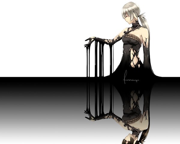 Anime picture 1280x1024 with original kyo (kuroichigo) single long hair white background bare shoulders silver hair white hair ponytail eyes closed profile outstretched arm reflection girl dress